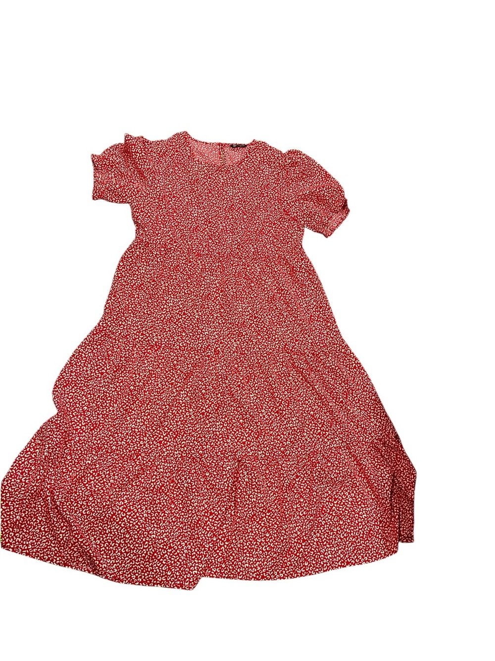 Red Short-Sleeve Floral Midi Dress